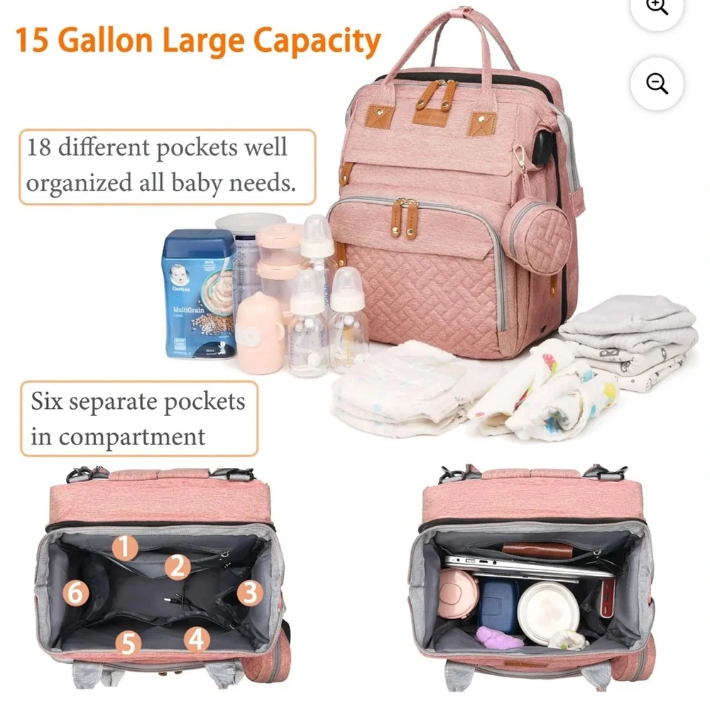 Pink Diaper Bag Backpack with Foldable Crib